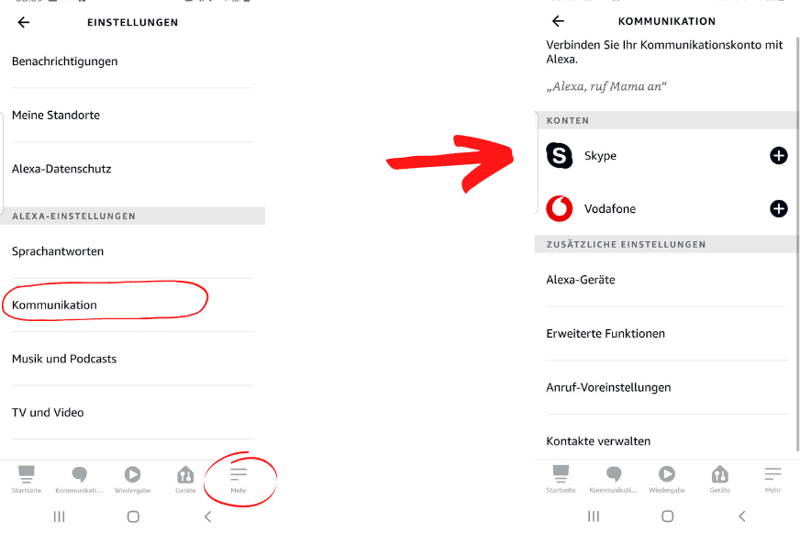 Die Verknüpfung zwischen Skype und Alexa wird in der Alexa App eingerichtet